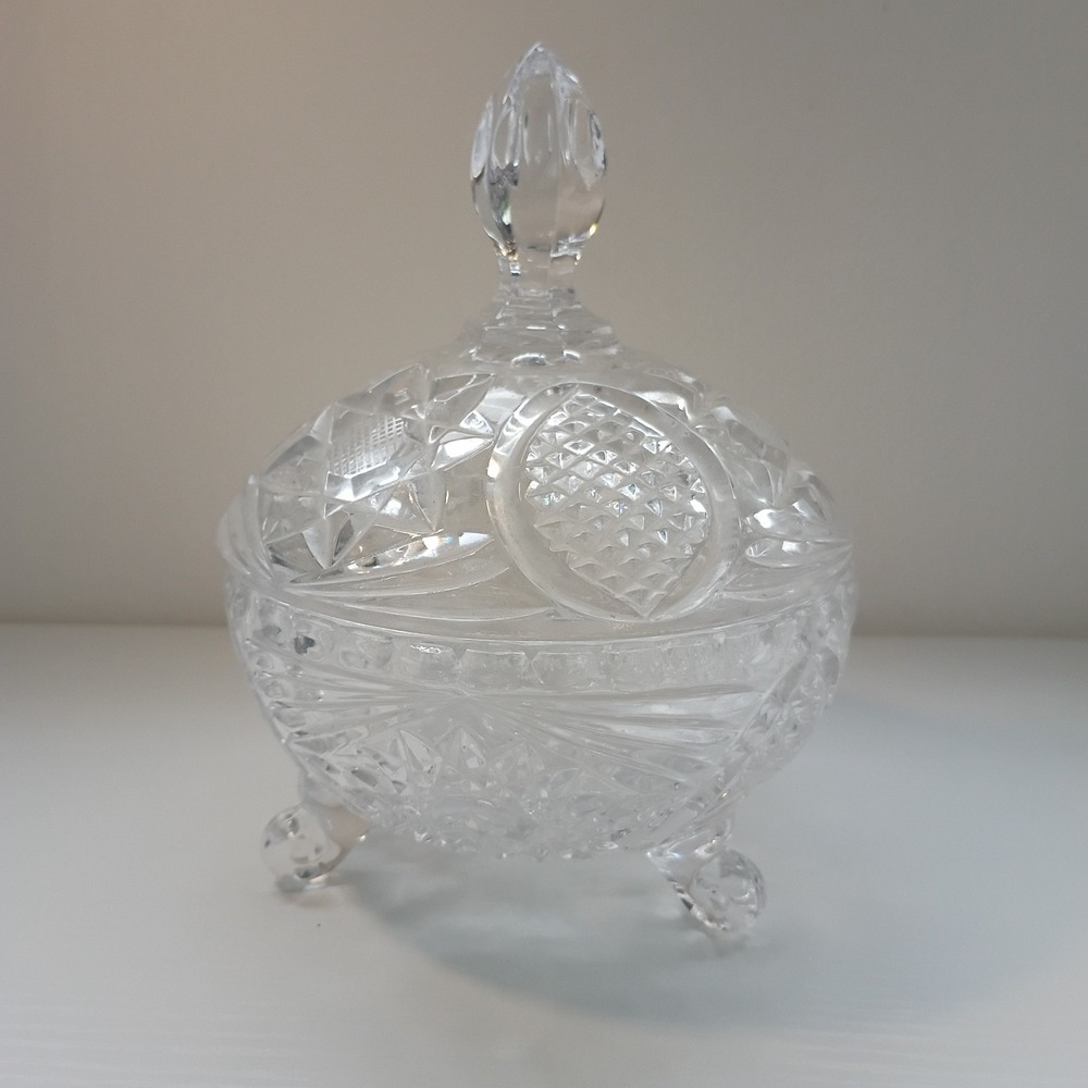 Vintage Crystal Hobstar Covered Candy Dish 3 Footed Lidded Bowl Cut Glass